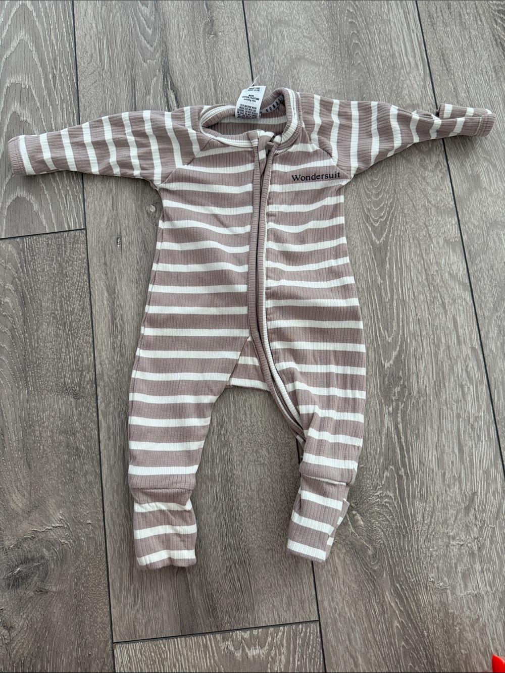Bonds Taupe & White Striped Zip Wondersuit